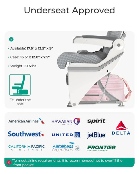Airline seat showing Underseat Carry On Luggage With Wheels For Women Sixteen Inch Lightweight Softside Carry On Bag for Airplanes, airline logos shown