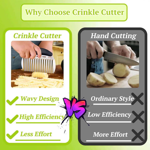 Comparison of using Large Crinkle Cutter For Fries And Veggies With Handle Stainless Steel Wavy Slicer and hand cutting potatoes.