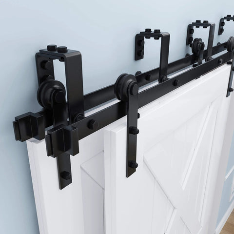 Close-up of 10 Foot Double Track Bypass Sliding Barn Door Hardware Kit For Two Doors With I Shape Hangers on a white door