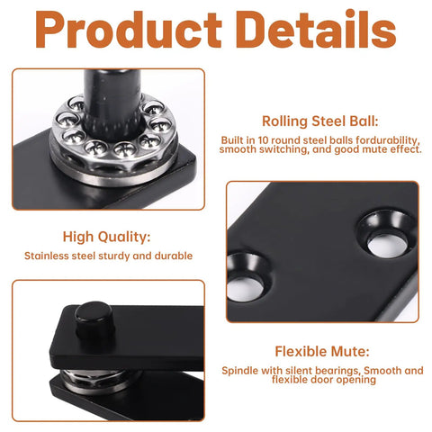 Close-up view of Hidden Pivot Hinge Kit For Secret Bookcase Doors With Smooth 360 Degree Rotation Heavy Duty Hardware Supports Up To 330 Lb Two Pack Black Stainless Steel, showcasing rolling steel ball and stainless steel construction.