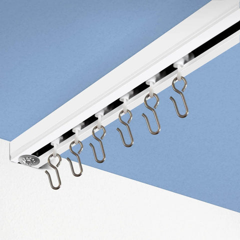 Ceiling Curtain Track Gliders Set Pack Of 10 With Plastic Body And Steel Hooks Smooth Rolling Wheels installed on a ceiling rail