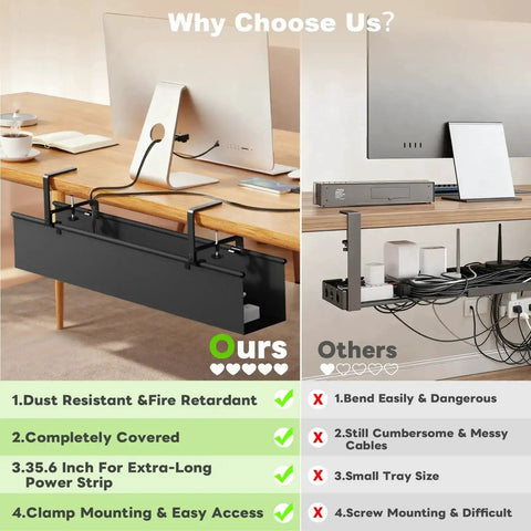 Comparison of under desk cable management trays showing 'ours' as a black 36 inch fabric cord organizer with clamp or screw mount, hiding cables.