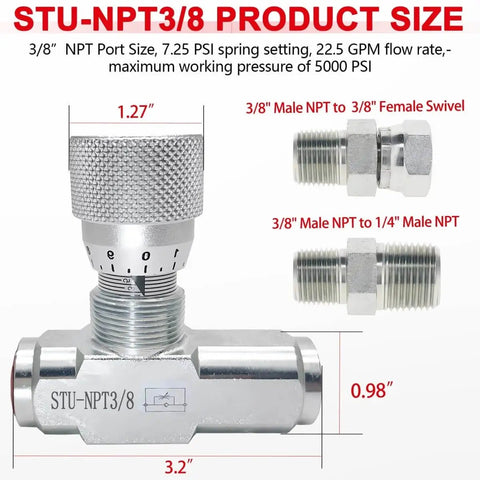 Hydraulic Flow Control Valve 5000 PSI One Way Adjustable Speed Throttle Check Valve With Two Pipe Adapters, dimensions labeled