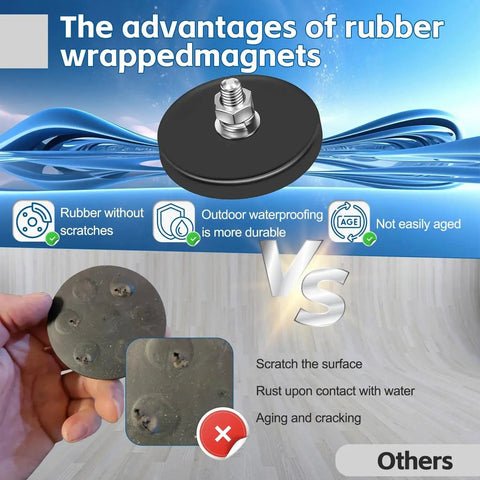 Front view of a 4-pack rubber-coated neodymium magnet with bolt and M6 stud for camera mounting