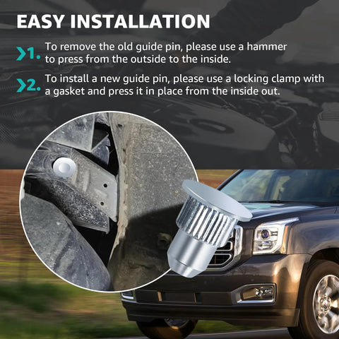 Close-up of camber alignment pin installation in truck, featuring 15 Pcs Camber Alignment Pin Set For Chevy Silverado Tahoe Suburban Avalanche Yukon Escalade GMC Sierra Savana Hummer H2 H3 Cam Guide Pins Replacement Kit