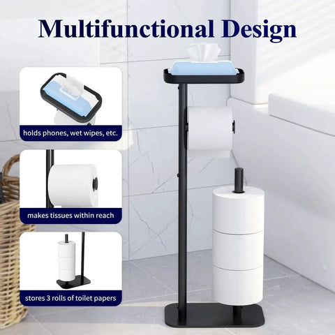 Black free standing toilet paper holder stand with rustproof metal construction, holds four rolls, shelf for phone, bathroom organizer.
