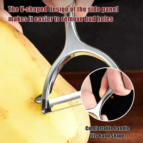 Close-up view of the 4 In 1 Kitchen Spiral Cutter V Cut Crinkle Knife And Vegetable Peeler Set used on a potato, silvery finish.