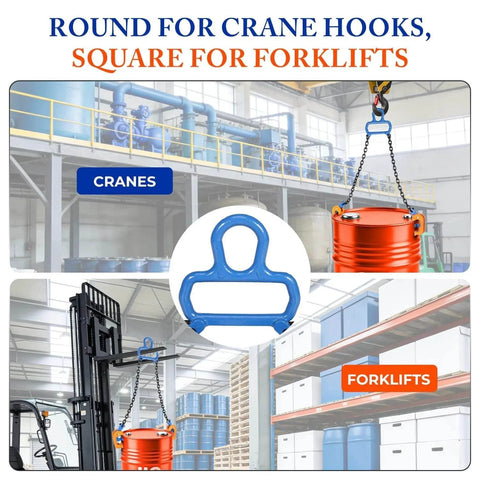 Upgraded Chain Drum Lifter suitable for 30 and 55 gallon closed drums, used with crane and forklift hoist, showcasing crane lift hook.