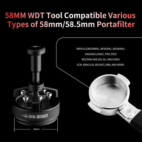 58mm WDT Tool For Espresso Distribution With Magnetic Base For Baristas, Adjustable Depth Needle Distributor next to portafilter