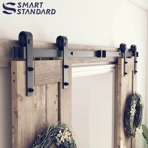 Close-up of installed Six Foot Double Barn Door Hardware Kit For Home Use Sliding Door Track That Glides Smooth And Quiet DIY