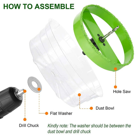 Image showing assembly of 6-1/4 Inch Carbide Hole Saw For 6 Inch Recessed Lights Can Lights With Dust Bowl Included.