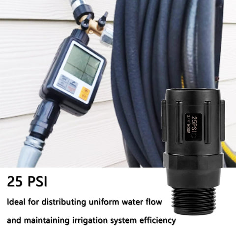 Two black 3/4 inch FHT to 3/4 inch MHT garden hose pressure regulators for drip irrigation.