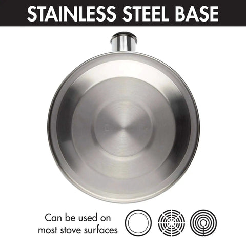 Bottom view of Whistling Stovetop Tea Kettle With Food Grade Stainless Steel, 1.5 Quart Capacity, showing stainless steel base.