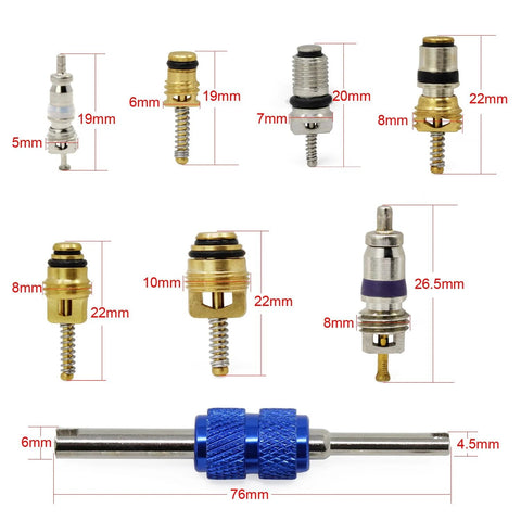 OCR automotive A/C valve cores set with blue double-head dismantling tool; assorted valve cores shown