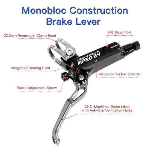Front view of ZTZ IIIPRO E4 MTB hydraulic brake set, black, 4-piston, pre-bled with front 800mm and rear 1550mm lines.
