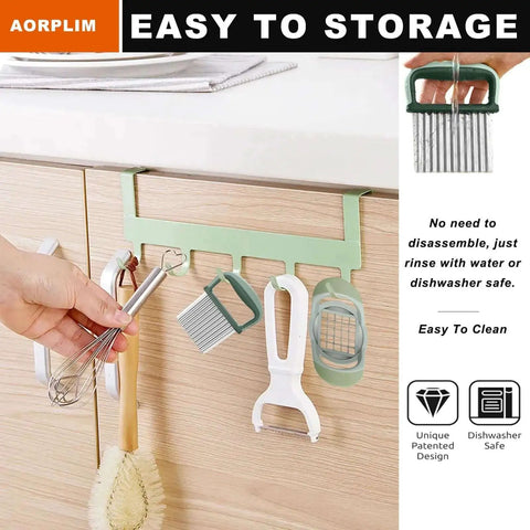 Wave Slicer Dicer 2 Pack Crinkle Cutter And Potato Cutter with stainless steel blades hanging on a kitchen rack for easy storage