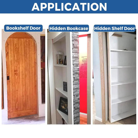 Heavy Duty Pivot Hinge for Secret Hidden Doors and Hidden Bookcase Doors application shown on diverse door types