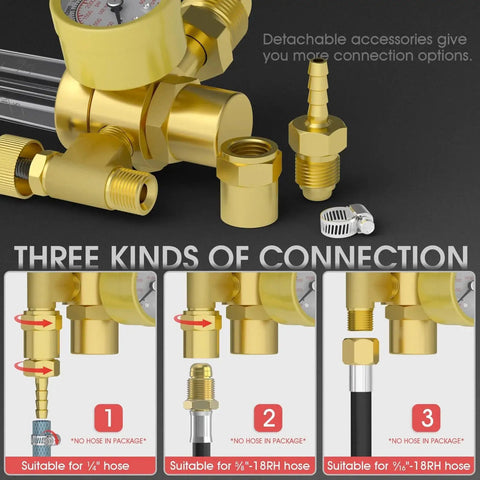 Argon CO2 MIG TIG Flow Meter Gas Regulator Gauge With CGA 580 Inlet Nut detailing connection options for welding setup.