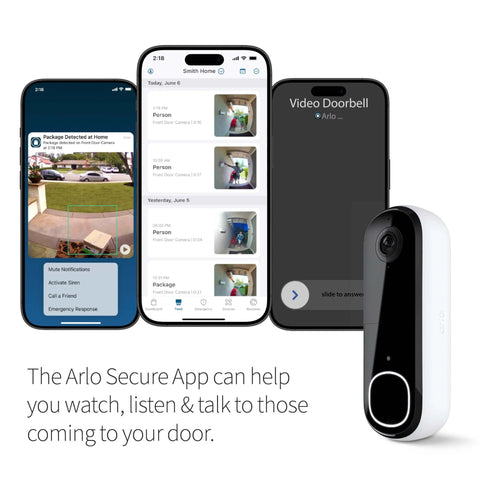 2K Video Doorbell With Wired Or Wireless Setup, 2-Way Audio, Night Vision, Head-To-Toe View, Package and Person Detection, weatherproof shown with smartphone app