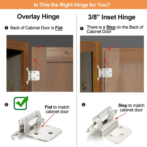 Comparison of overlay hinge and 3/8" inset hinge installation for cabinet doors, featuring Brushed Satin Nickel Self Closing Cabinet Hinges For Flush Mount Face Frame Kitchen Cabinets Half Inch Overlay Pack Of 4 Screws Included Easy To Install Replaces Old Hinge Pattern Vallecloud