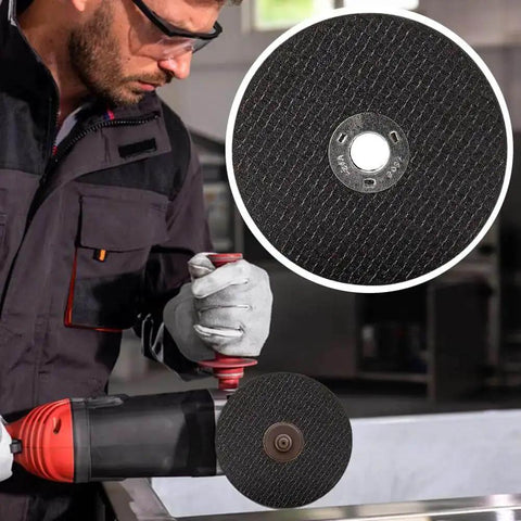 Man using die grinder with Six Piece Cut Off Wheel Set With One Quarter Inch Stem For Die Grinder, Built Tough Metal Cutting Discs Reinforced With Fiberglass For Metal And Steel, Fits Rotary Tools And Drill Attachments, Black