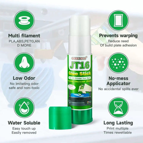 JT16 Glue Stick for 3D Printers, features multi-filament compatibility, prevents warping, water-soluble, long-lasting, low odor, no-mess applicator
