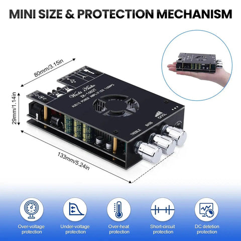 2.0 Channel Bluetooth 5.0 Power Amplifier Board With Dual TDA7498E Chips, showing size and protection features.