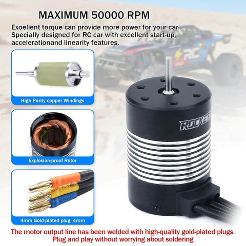 3650 Brushless Motor 2300KV High Speed Waterproof Beefy Torque for 1 to 10 Scale RC cars with gold-plated plugs and rotor