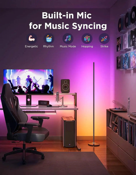 RGBIC Floor Lamp 1000lm With Music Sync And 16 Million Colors SmartThings Matter in a gaming room, illuminating walls.