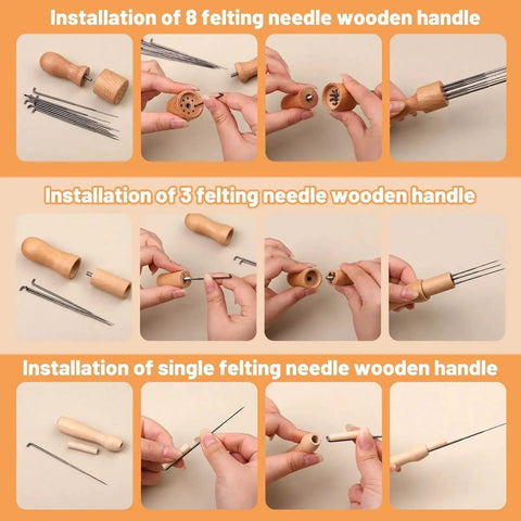 Installation guide for 8, 3, and single felting needle wooden handles in Needle Felting Kit With 127 Pcs Needles In Four Gauges 42 40 38 36
