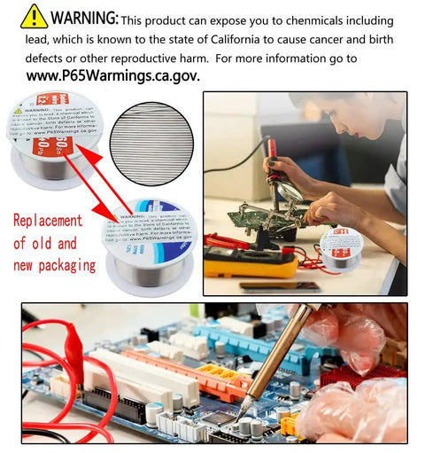 Pro DIY Soldering Iron Kit Four In One With Brass Tip Cleaner That Works Without Water Point Six Millimeter Solder Wire Fifty Gram Rosin Flux Paste Ten Gram No Clean Core Solder Handy Welding Tool Set For Home Projects showing replacement packaging and usage on electronics.