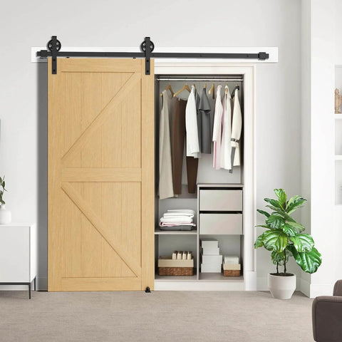 Six Foot Heavy Duty Sliding Barn Door Hardware Kit For 1 3 8 To 1 3 4 Inch Thick Doors Black Finish J Shape Hangers installed