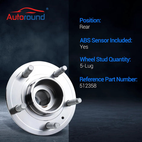 Rear Wheel Bearing And Hub Assembly With ABS For Chevy Equinox Pontiac Torrent Saturn Vue Suzuki XL7 Captiva Sport 2012 2015 5 Lug Pair Direct Fit Replacement OEM Quality Durable Performance Bolt In DIY Ready, product view with specs overlay