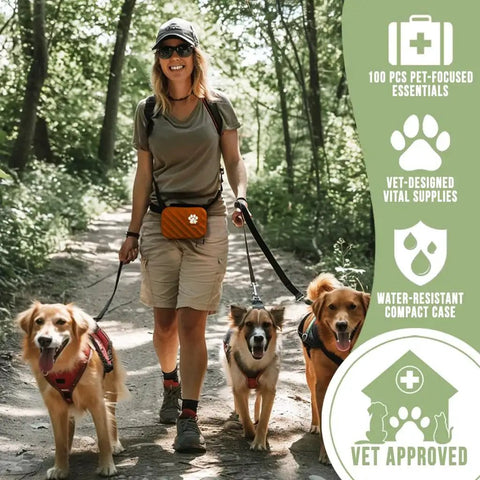 Woman walking dogs with Pet Medic First Aid Kit With 95 Piece Vet Approved Medical Supplies For Dogs And Cats, forest setting.