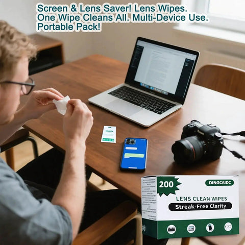 Person using XL Lens Wipes 200 Count Ammonia Free Streak Free for Glasses Sunglasses near laptop and camera