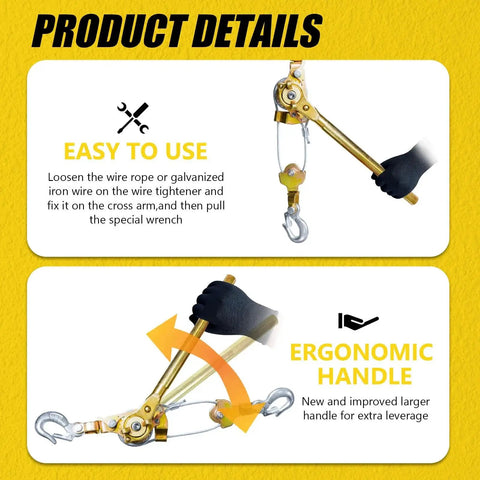 3T Come Along Winch 10ft Cable Hoist With Two Hooks Heavy Duty Ratchet showing ergonomic handle and usage instructions.