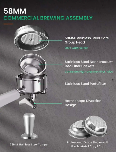 Detailed view of 58mm brewing assembly with stainless steel portafilter and tamper on All-In-One 58mm Espresso Machine With Built-In Grinder And Milk Steam Wand, 15 Bar, Stainless Steel, Anti-Static Grinder, Barista-Grade Home Cafe Cappuccino And Latte Maker, 2026 Upgraded.