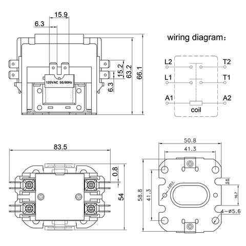 Technical diagram of Two Pack HVAC Motor Contactor 120V 30A 2 Pole Replacement Relays Compatible With C230B with dimensions and wiring
