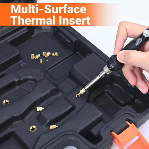 Heat Set Threaded Inserts Kit With 716 Pieces Including M2 M3 M4 M5 M6 Inserts, Nuts, Bolts, Washers And 60W Soldering Iron With Holder, 5 Tips, Maker Friendly For 3D Printer Parts And Plastic Projects, showing a soldering iron and inserts in a plastic case.