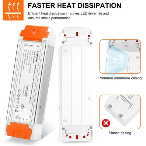 Dimmable LED Driver 12V DC 60W Triac Dimming Transformer For LED Strip Lights 120V AC Input Isolation Protection Low Voltage Power Supply No Fuss Install For Long Lasting Performance with premium aluminum casing shown in close-up