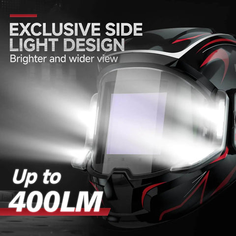 Welding Helmet With Panoramic 180 Degree View And True Color Auto Darkening, Built-In LED Lights, shown with side light design