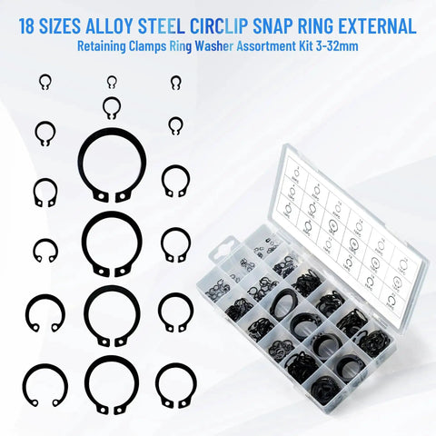 18 sizes external snap ring assortment kit with storage box, alloy steel, for automotive and machinery use, shown in packaging.