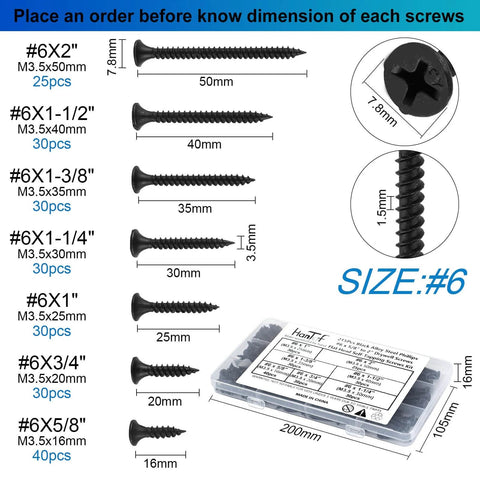 Six Gauge Black Oxide Drywall And Wood Screws Kit With 215 Piece Assortment Phillips Drive Countersunk Self Tapping Screws From Five Eighths Inch To Two Inches For Wood Projects showing screw sizes and packaging