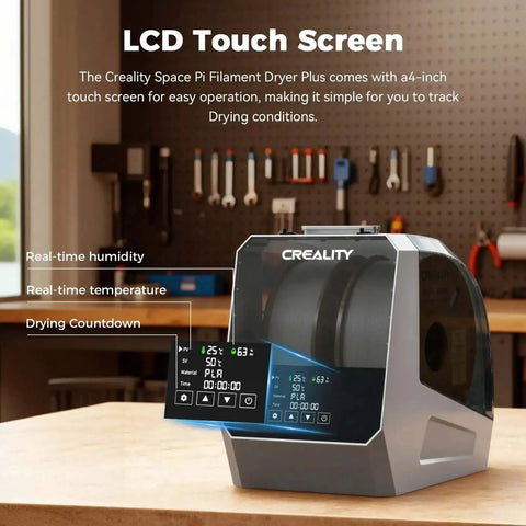 Space Pi Filament Dryer Plus For 3D Printers with LCD screen, showing real-time humidity and temperature settings, dual 1 kg capacity.