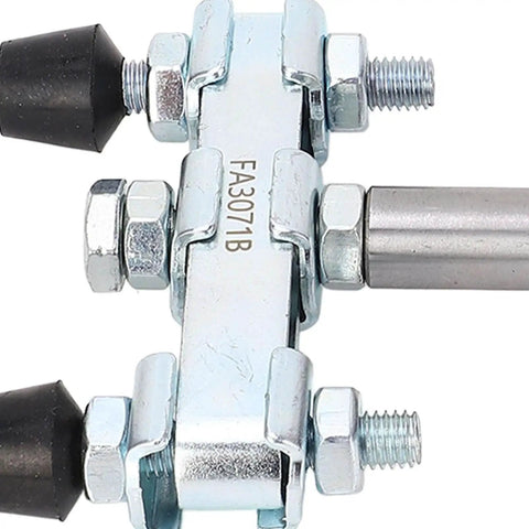 Built Tough Double Headed Toggle Clamp, Heavy Duty Push Pull Clamp With 600kg Clamping Force For Woodworking Jigs And Fixtures, Welding And Drill Press, Red Oil And Dust Proof Handles, Blue Galvanized Carbon Steel Construction, close-up view showing dual heads and bolts.