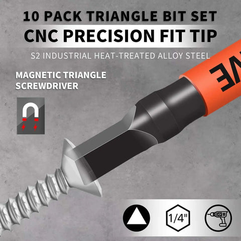 Close-up of Professional Grade Triangle Screwdriver Set By Dyrecelve with magnetic head and S2 steel, 1/4 inch hex shank.