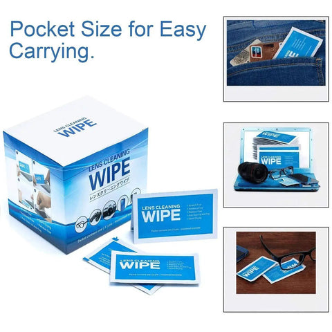 Box and packets of Pre Moistened Streak Free Monitor Wipes for Screens Glasses Lenses and Devices with various use scenarios