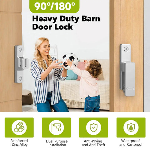 Barn Door Lock 90 And 180 Degree Zinc Alloy Hardware Sliding Lock Heavy Duty Flip Safety Latch installed on wooden door