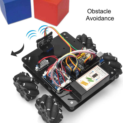 Omni Directional Mecanum Wheels Robotic Car Kit For Arduino Mega 2560 with sensors and wiring on metal chassis, showcasing obstacle avoidance.