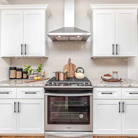 Modern kitchen with Matte Black Cabinet Pulls 5 Inch Center To Center Zinc Alloy Kitchen Cabinet Handles 10 Pack installed on white cabinets